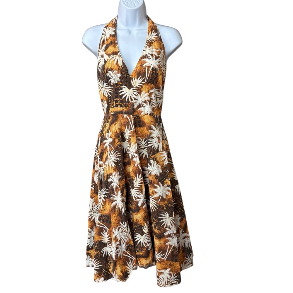 Tara Starlet England 50’s Retro Pin Up Hawaii Palm Trees Halter Dress Size L‎
